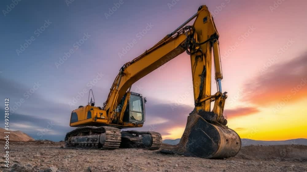 Powerful Excavator Silhouette: A sturdy excavator stands proudly against a backdrop of a colorful sunset, representing industry, construction, and heavy machinery Powerful Excavator Silhouette: A sturdy excavator stands proudly against a backdrop of a colorful sunset, representing industry, construction, and heavy machinery