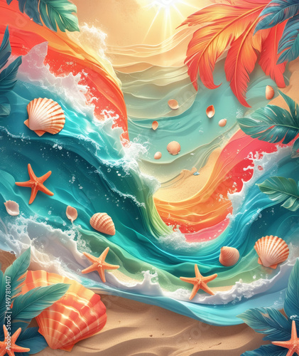 Colorful ocean waves and tropical elements create a vibrant summer atmosphere at the beach during sunset
