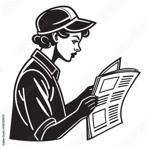 Woman in cap reading newspaper vintage style illustration