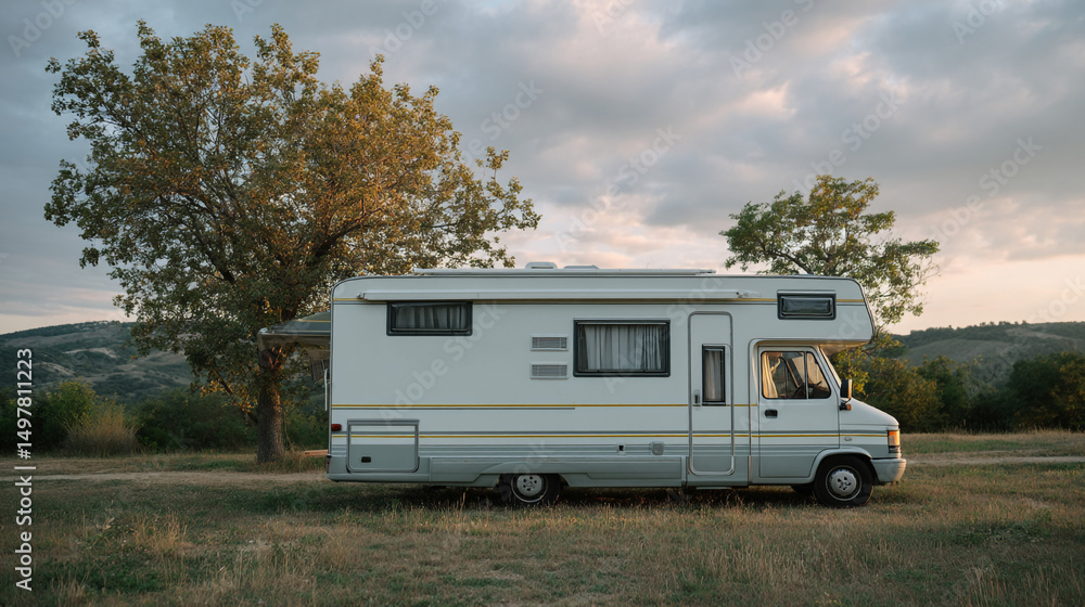 Naklejka premium Vintage rv camper van parked in nature camping site for outdoor adventure travel and vacation lifestyle