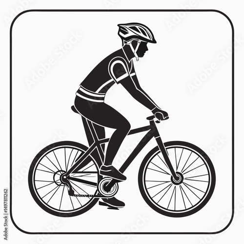 Cyclist riding bicycle black and white silhouette illustration