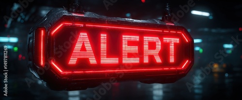 Glowing red alert sign in a dark futuristic setting.