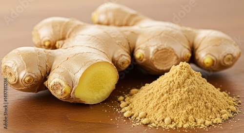 Fresh ginger root and powder symbolizing health and culinary uses with brown background