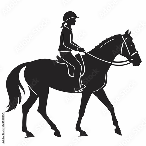 Young girl horseback riding equestrian silhouette sport