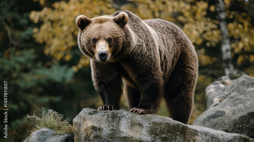 Obraz premium Majestic Brown Bear on Rocks in Forest
