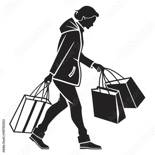 Woman walking with shopping bags silhouette style