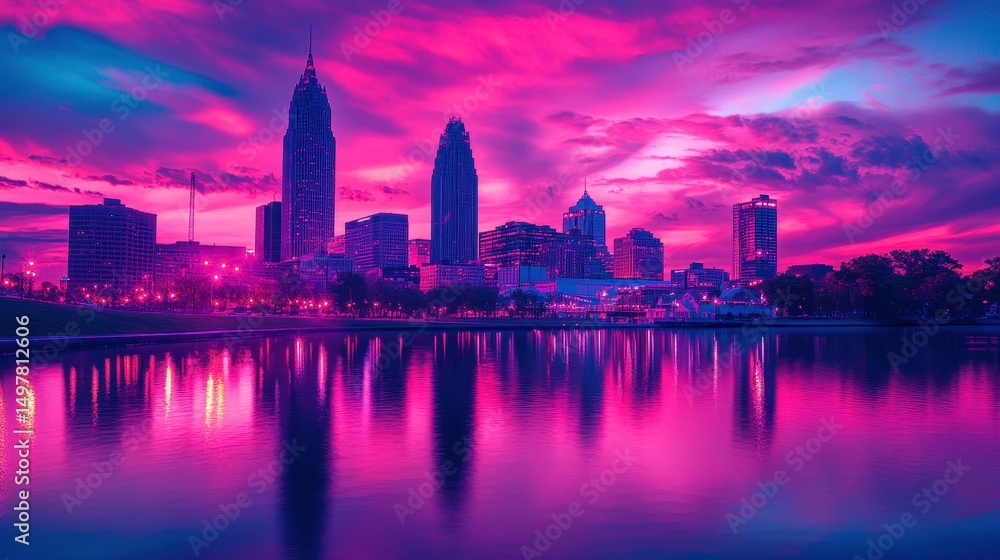 Fototapeta premium Purple Skyline Cityscape Reflection at Sunset