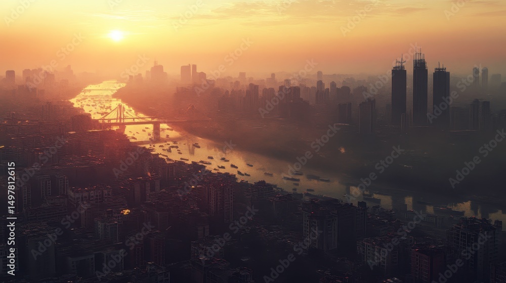 Fototapeta premium Sunrise Cityscape River Buildings and Bridge