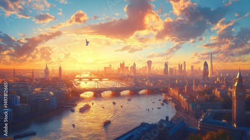 London Skyline Sunset  Golden Hour Cityscape with River   Bridges