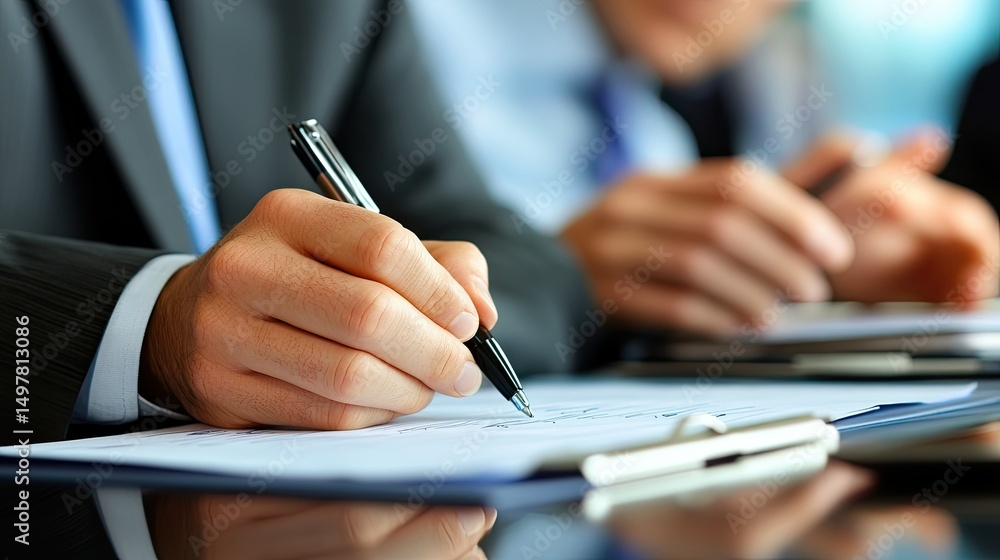 Business professionals engaged in a meeting, focused on note-taking and discussions, with blurred colleagues in the background creating a collaborative atmosphere Business professionals engaged in a meeting, focused on note-taking and discussions, with blurred colleagues in the background creating a collaborative atmosphere