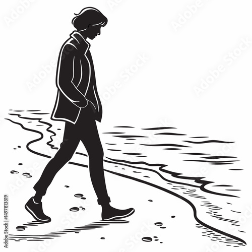 Woman walking alone on a beach seaside stroll ocean shore