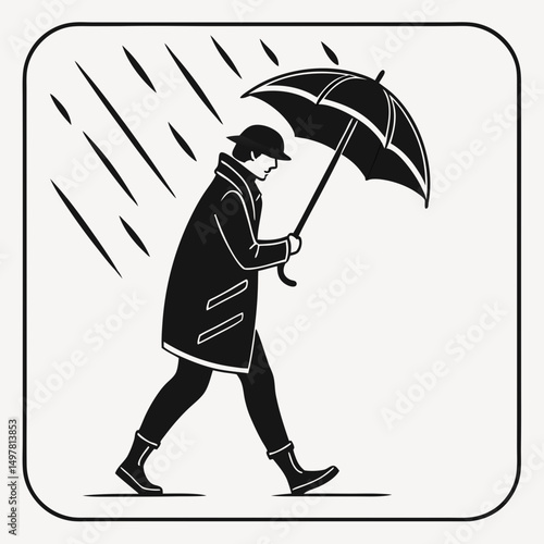 Man walking in rain with umbrella stylish black and white illustration