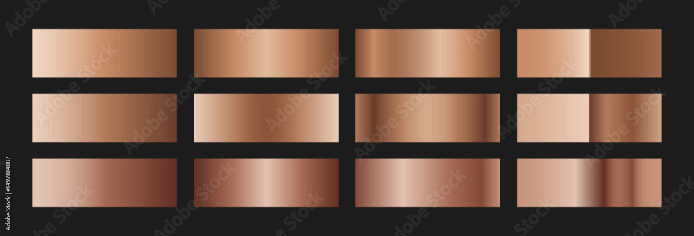 Fototapeta premium Elegant copper gradient swatches collection. Metallic textures with polished foil shine and satin smooth. Glossy palette for vintage and luxury designs and branding