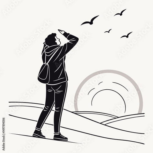 Person with backpack looking at sunset birds flying landscape