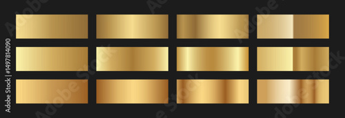 Elegant classic gold gradient swatches collection. Metallic textures with polished foil shine and satin smooth. Glossy palette for premium and luxury designs and branding