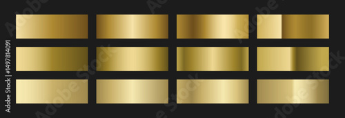 Elegant aged gold gradient swatches collection. Metallic textures with polished foil shine and satin smooth. Antique palette for vintage and classic designs and branding
