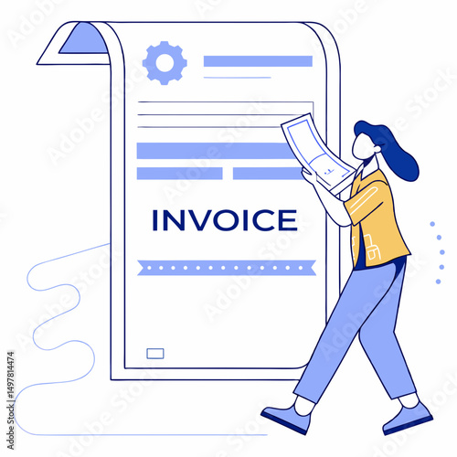 Woman reviewing a large invoice document online business accounting finance