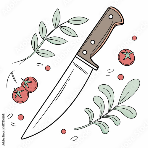 Chefs knife with tomatoes and herbs cooking illustration
