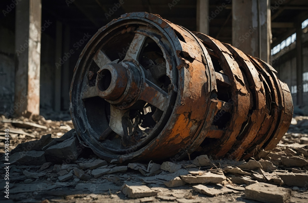Abandoned Urban Decay: Industrial Ruins with a Rusty Wheel and Broken Machinery in a Dilapidated Factory - An Artistic Photography Exploration of Gritty Textures and Neglect Abandoned Urban Decay: Industrial Ruins with a Rusty Wheel and Broken Machinery in a Dilapidated Factory - An Artistic Photography Exploration of Gritty Textures and Neglect