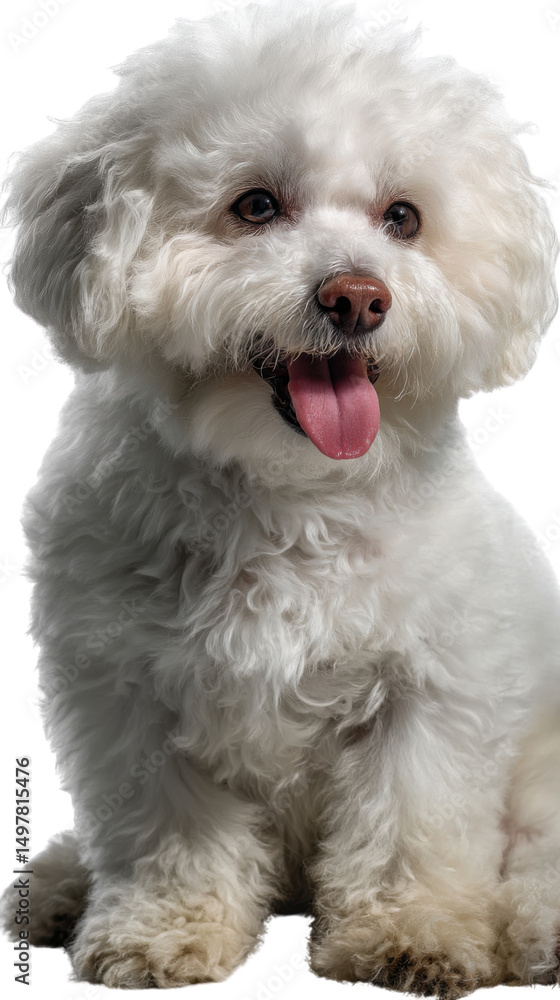 Sweet Paws: A charming white Bichon Frise, with fluffy fur, sits and gazes with its tongue playfully hanging out, portraying the quintessential image of companionship and unconditional love. Sweet Paws: A charming white Bichon Frise, with fluffy fur, sits and gazes with its tongue playfully hanging out, portraying the quintessential image of companionship and unconditional love.