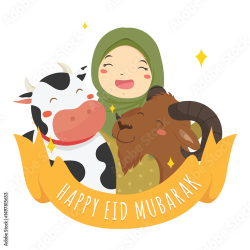 Happy eid al adha mubarak background, happy Muslim girl with cow and goat farm animal vector illustration