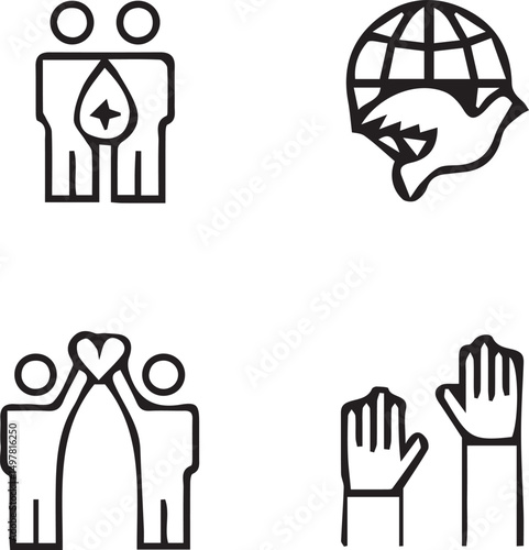Symbols of Unity and Togetherness: An artful collection of symbolic illustrations, conveying themes of love, peace, and collaboration. Simple shapes that evoke shared humanity.