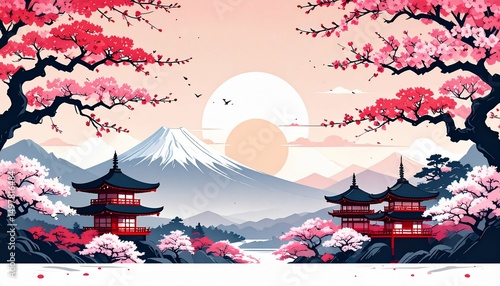 Cherry Blossoms Mount Fuji and Pagodas A Japanese Spring Scene