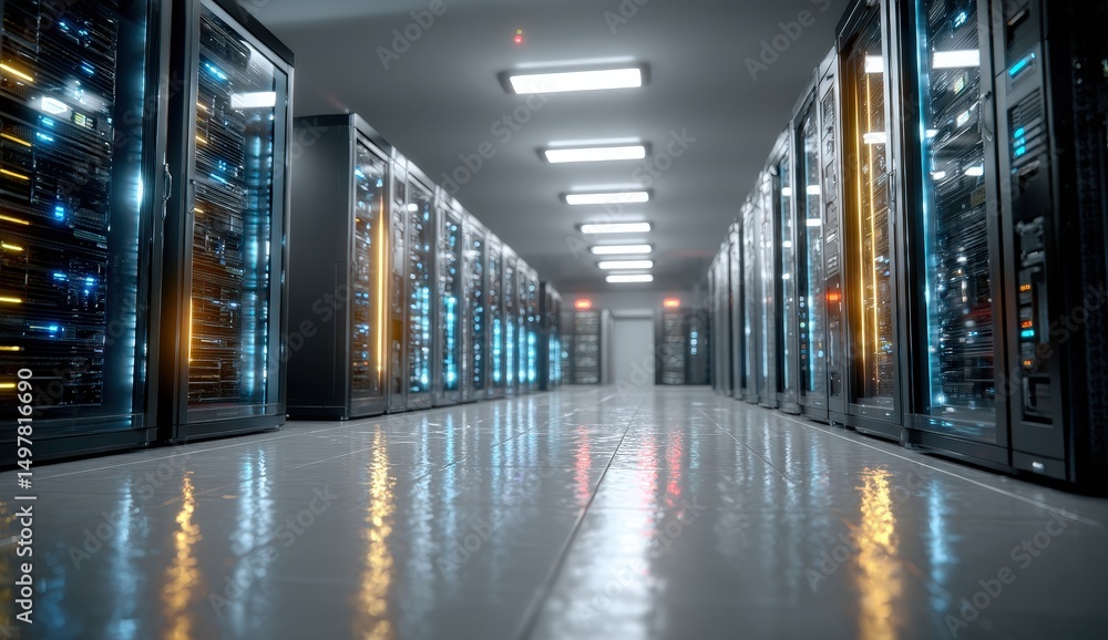 Fototapeta premium Modern data center with glowing server racks.