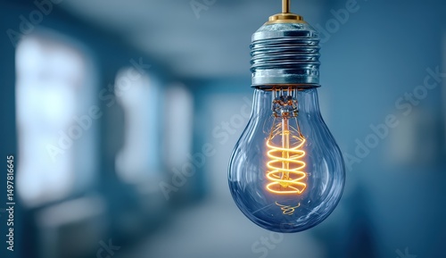 Close-up of a glowing light bulb in a soft-focus room.