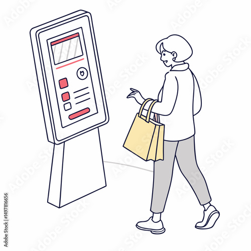 Woman using a digital kiosk touchscreen interface