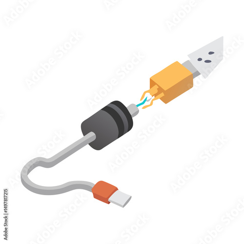 Professional isometric illustration of a damaged usb cable on white background