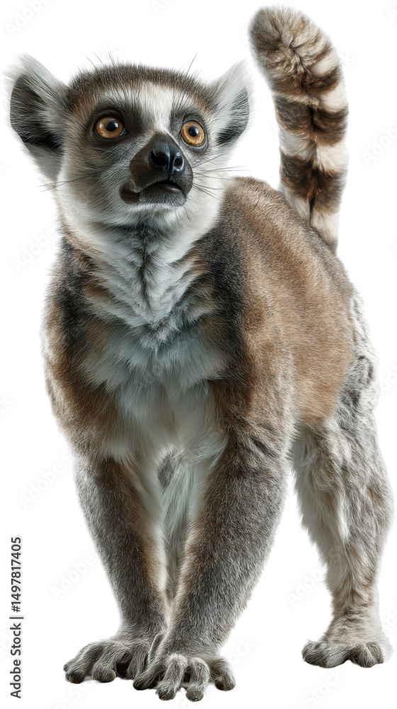 Obraz premium Ring-tailed Lemur portrait: A captivating portrait of a ring-tailed lemur, showcasing its distinctive striped tail and expressive eyes, full of curiosity and charm.