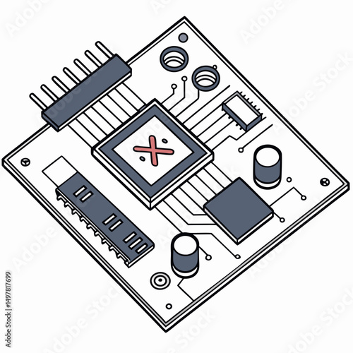 Isometric illustration of a circuit board with a malfunctioning chip