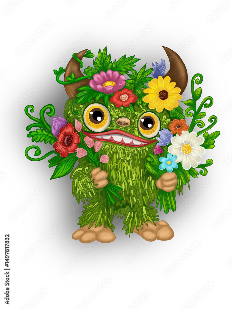A cheerful green monster adorned with vibrant flowers, holding a bouquet, playfully embodies the spirit of spring. A cheerful green monster adorned with vibrant flowers, holding a bouquet, playfully embodies the spirit of spring.