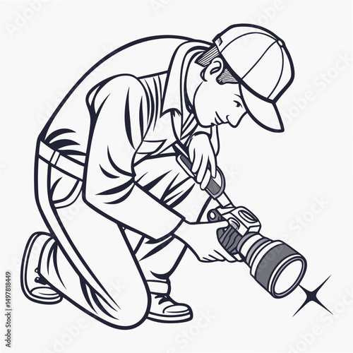 Professional photographer kneeling with camera, clean cutout, transparent background