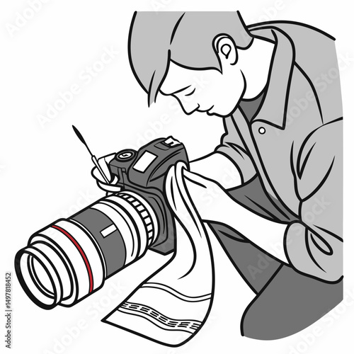 Professional photographer cleaning dslr camera lens with cloth on white background