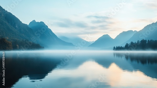 Wallpaper Mural Tranquil lake with mountains shrouded in mist. Serene and peaceful scenery. Torontodigital.ca