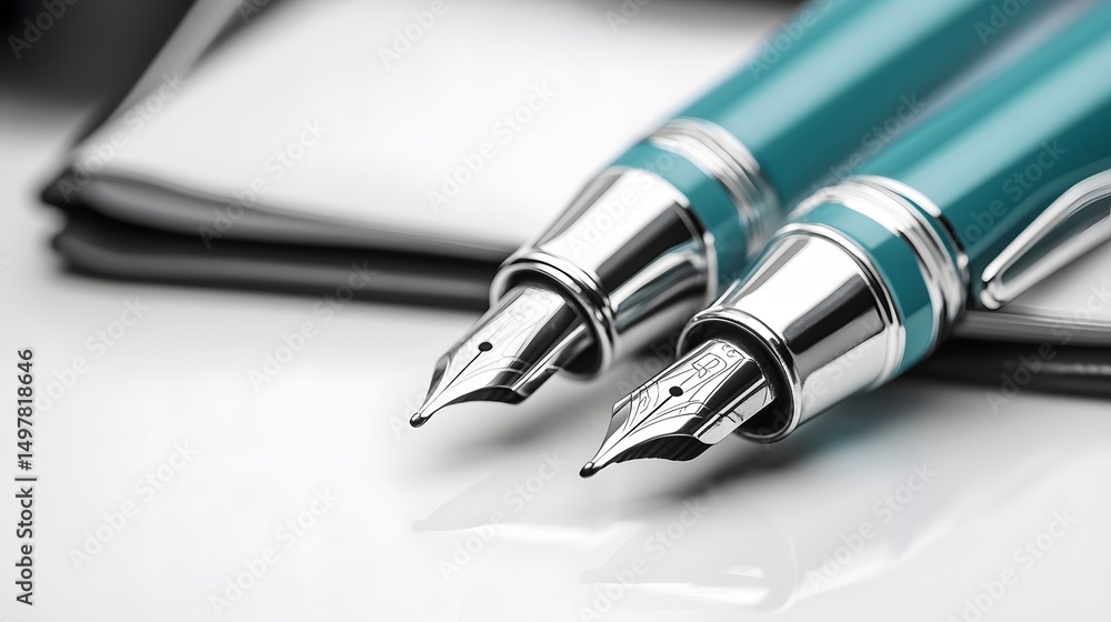 Elegant Teal Fountain Pens Closeup on Notepads Elegant Teal Fountain Pens Closeup on Notepads