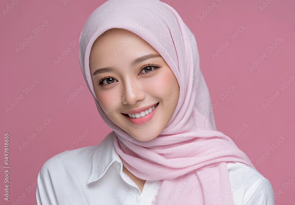 An elegant hijabi woman wearing a long, soft pink scarf, a white shirt, and a beautiful, smiling face against a solid light peach background An elegant hijabi woman wearing a long, soft pink scarf, a white shirt, and a beautiful, smiling face against a solid light peach background