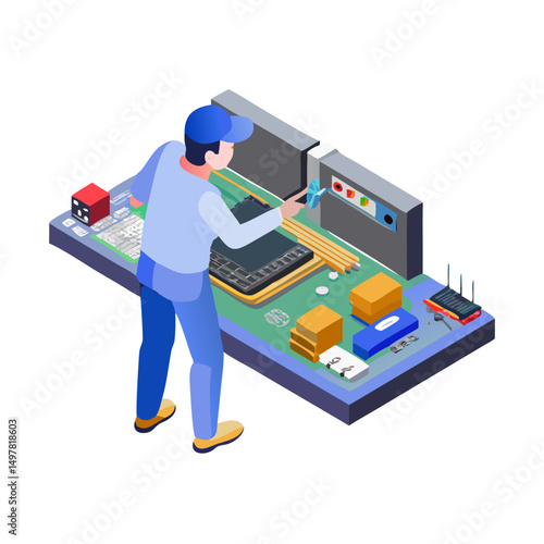 Technician repairing computer motherboard isometric illustration