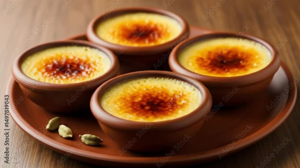 Four petite ramekins of luscious creme brulee adorn a warm brown plate, their caramelized sugar crusts gleaming under soft, inviting light. Four petite ramekins of luscious creme brulee adorn a warm brown plate, their caramelized sugar crusts gleaming under soft, inviting light.