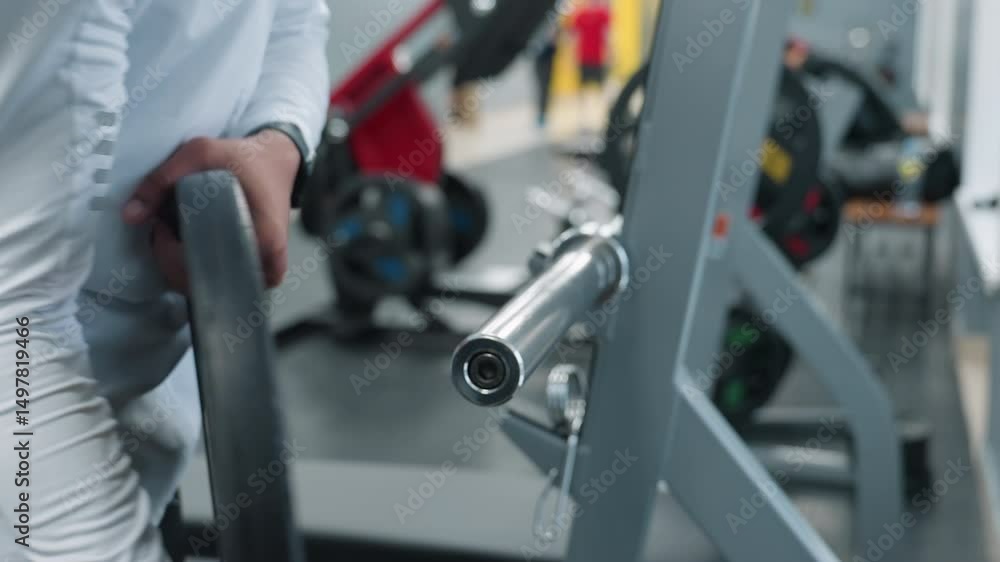 Close up of man removing weight plate from barbell sleeve with blurred view of gym members working out, showing hands guiding heavy metal plate off rack during training equipment adjustment session Close up of man removing weight plate from barbell sleeve with blurred view of gym members working out, showing hands guiding heavy metal plate off rack during training equipment adjustment session