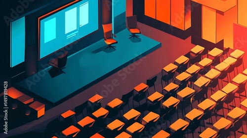 : Isometric View of a Modern Presentation Room or Auditorium with Dynamic Lighting