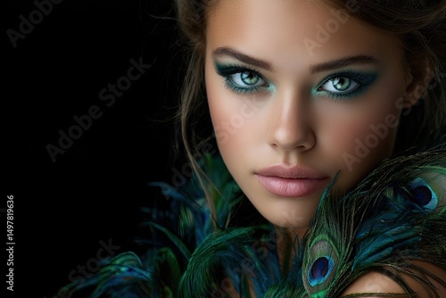 Beautiful woman with peacock feather makeup, peacocks in the background, peafowl feathers