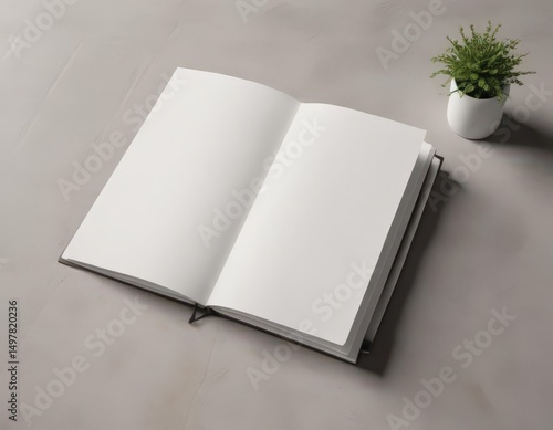 Clean vertical photo album mockup; blank pages, minimalist design, presentation, photography, grey, book, brochure