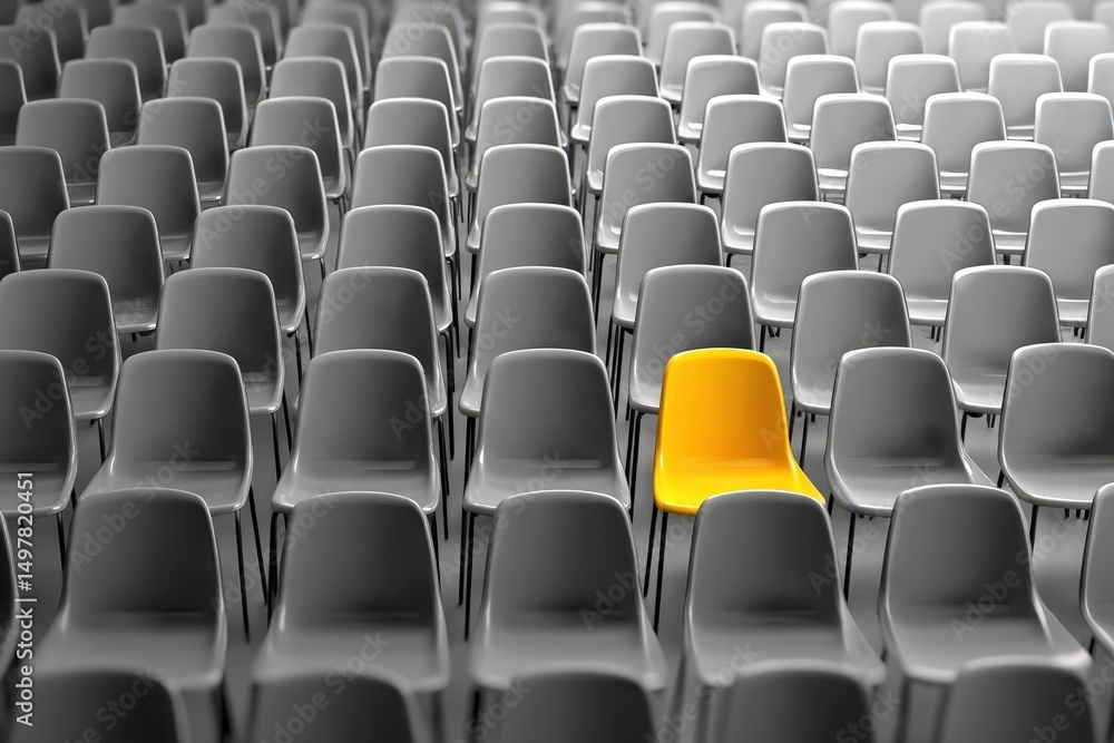 Fototapeta premium A vibrant yellow chair stands out among rows of gray seating in a minimalist setting