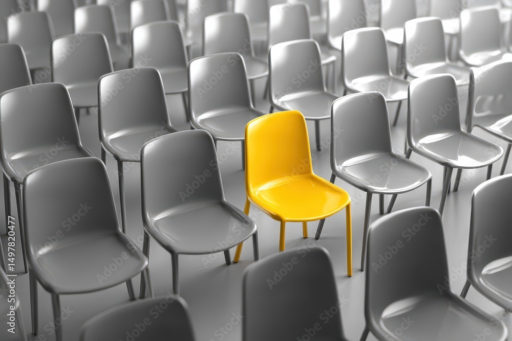 Fototapeta premium Bright yellow chair stands out among a sea of gray chairs in a modern indoor space
