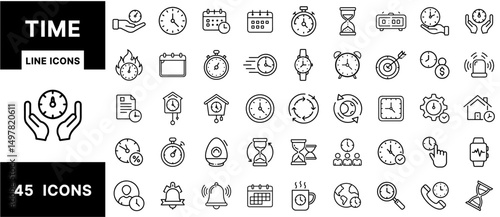 Time and Clock Line Icons Set – Calendars, Stopwatches, Alarms, Timers, Watches, Hourglasses, Reminders, and Time Management Symbols for Scheduling Design