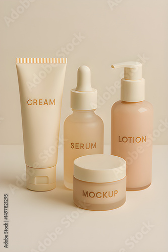 Minimalist Cosmetic Packaging Mockup – Lotion Bottle, Cream Jar, Serum Dropper & Tube for Clean Branding Designs