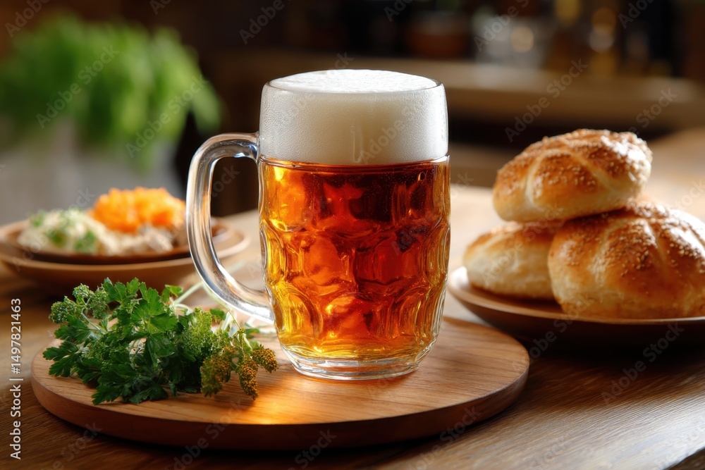 Rustic stein beer served with hearty German food, cozy tavern mood Rustic stein beer served with hearty German food, cozy tavern mood
